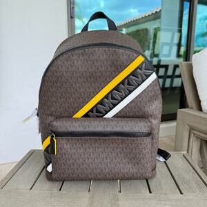Michael Kors Mens Large Cooper Signature Logo Backpack Brown/Lemon